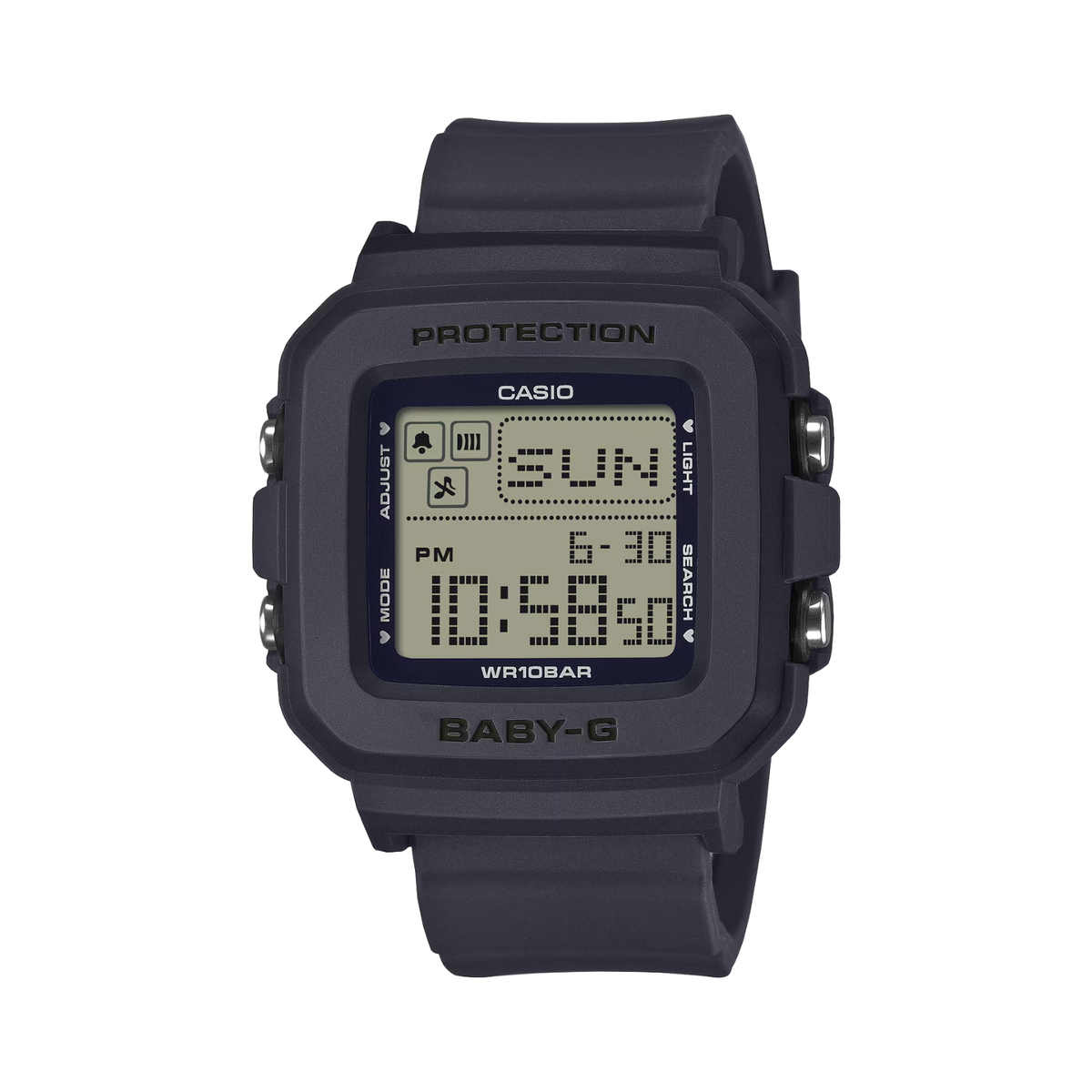 Black Casio digital watch on a white background