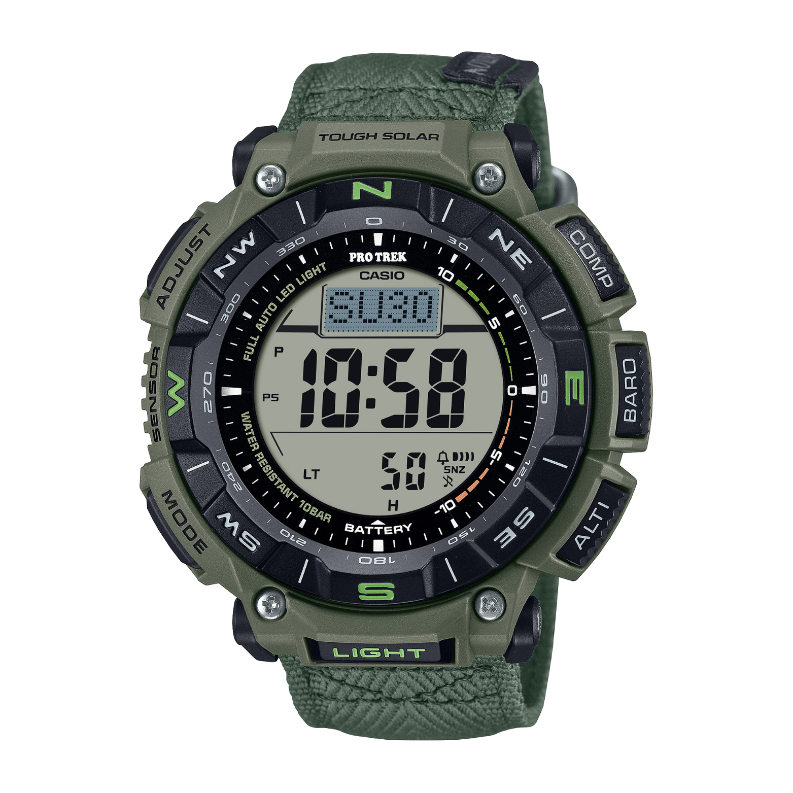 Green Casio Pro Trek digital watch on a white background