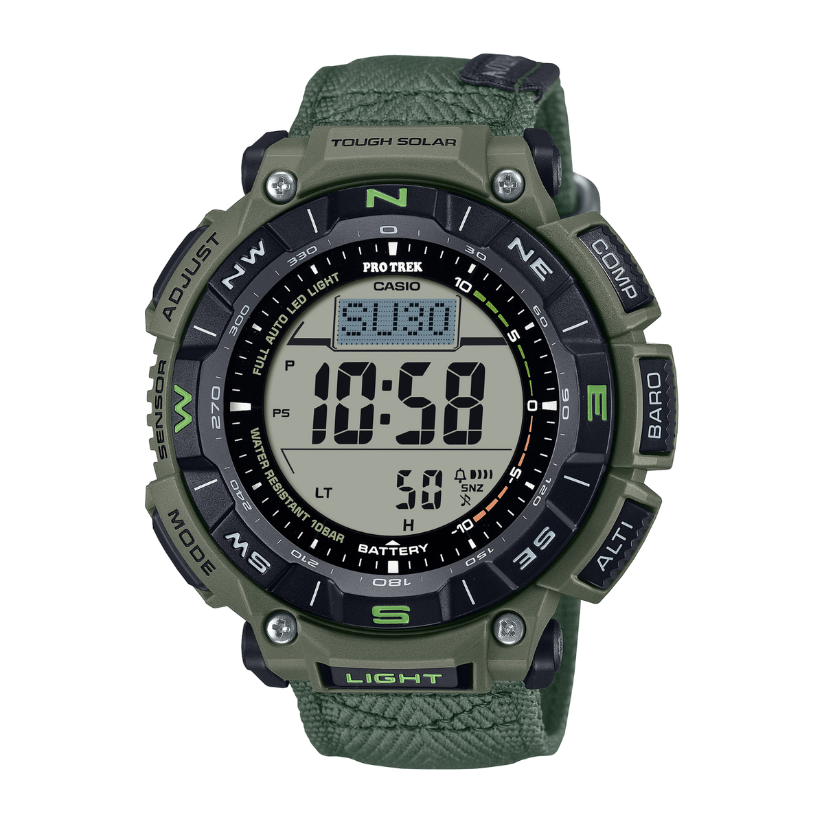 Green Casio Pro Trek digital watch on a white background