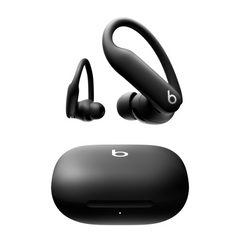 Black wireless earbuds with charging case on a white background, featuring the Beats logo.