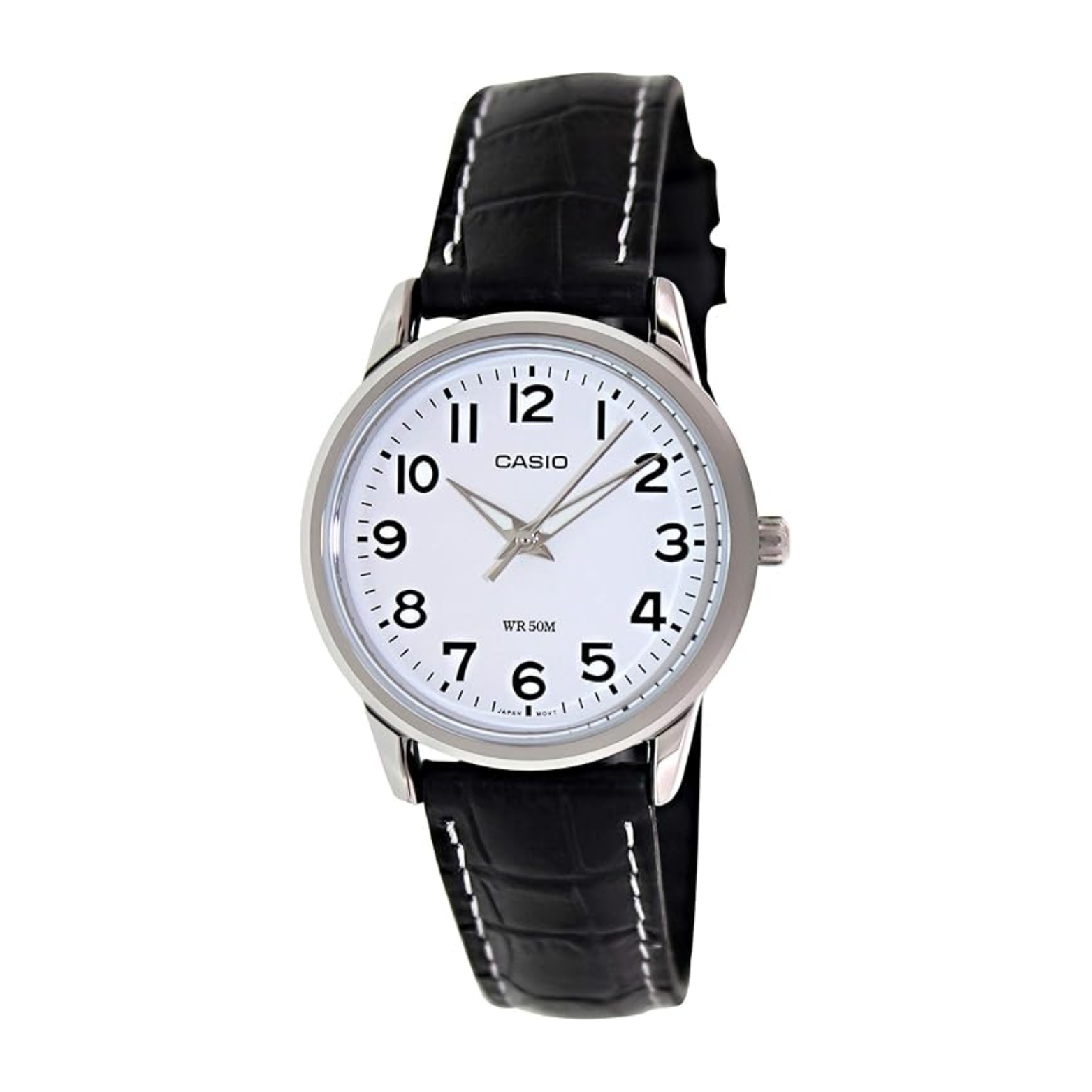 Casio watch with black leather strap on a white background