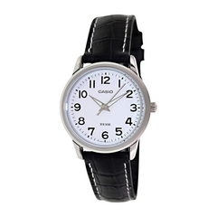 Casio watch with black leather strap on a white background