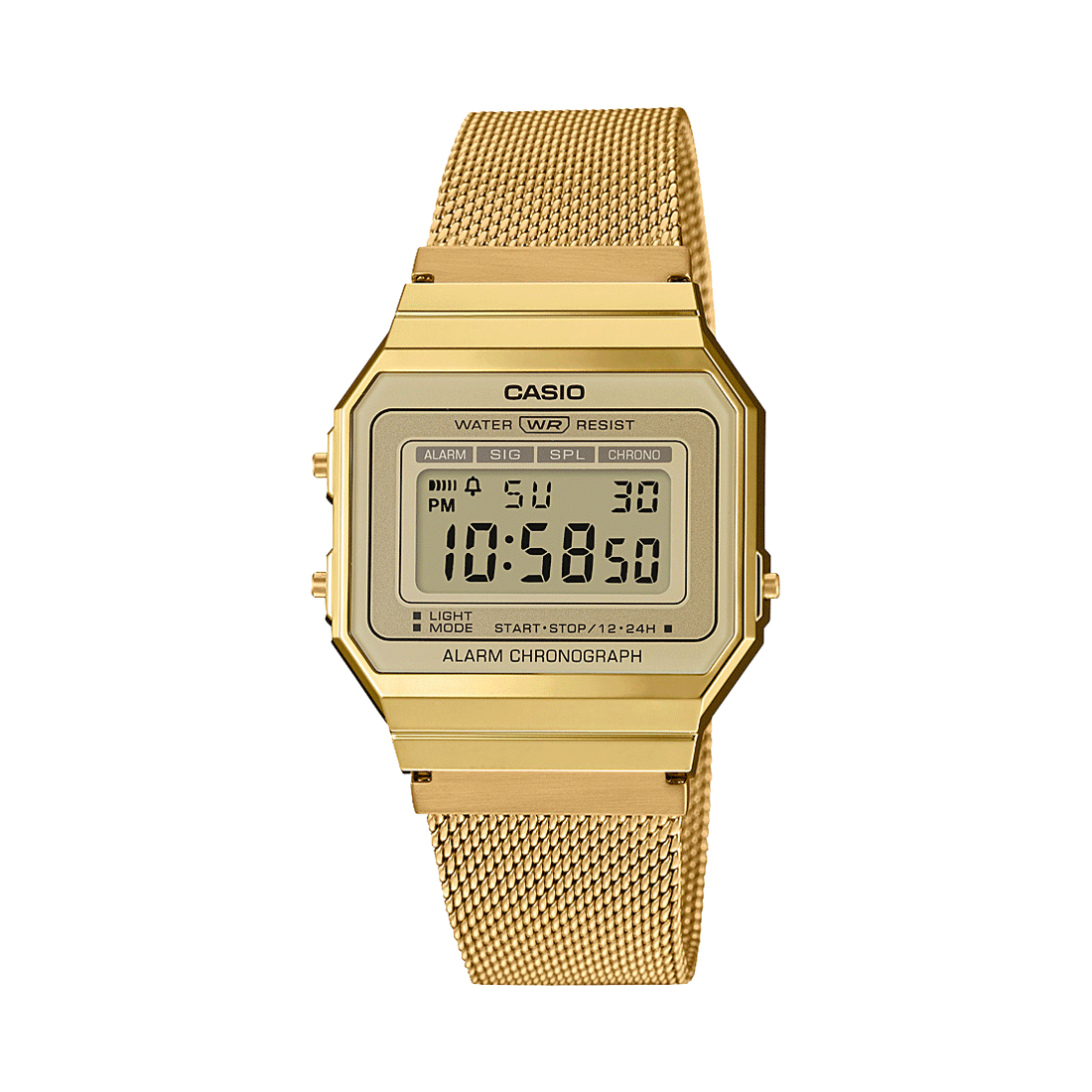 Gold Casio digital watch on a white background