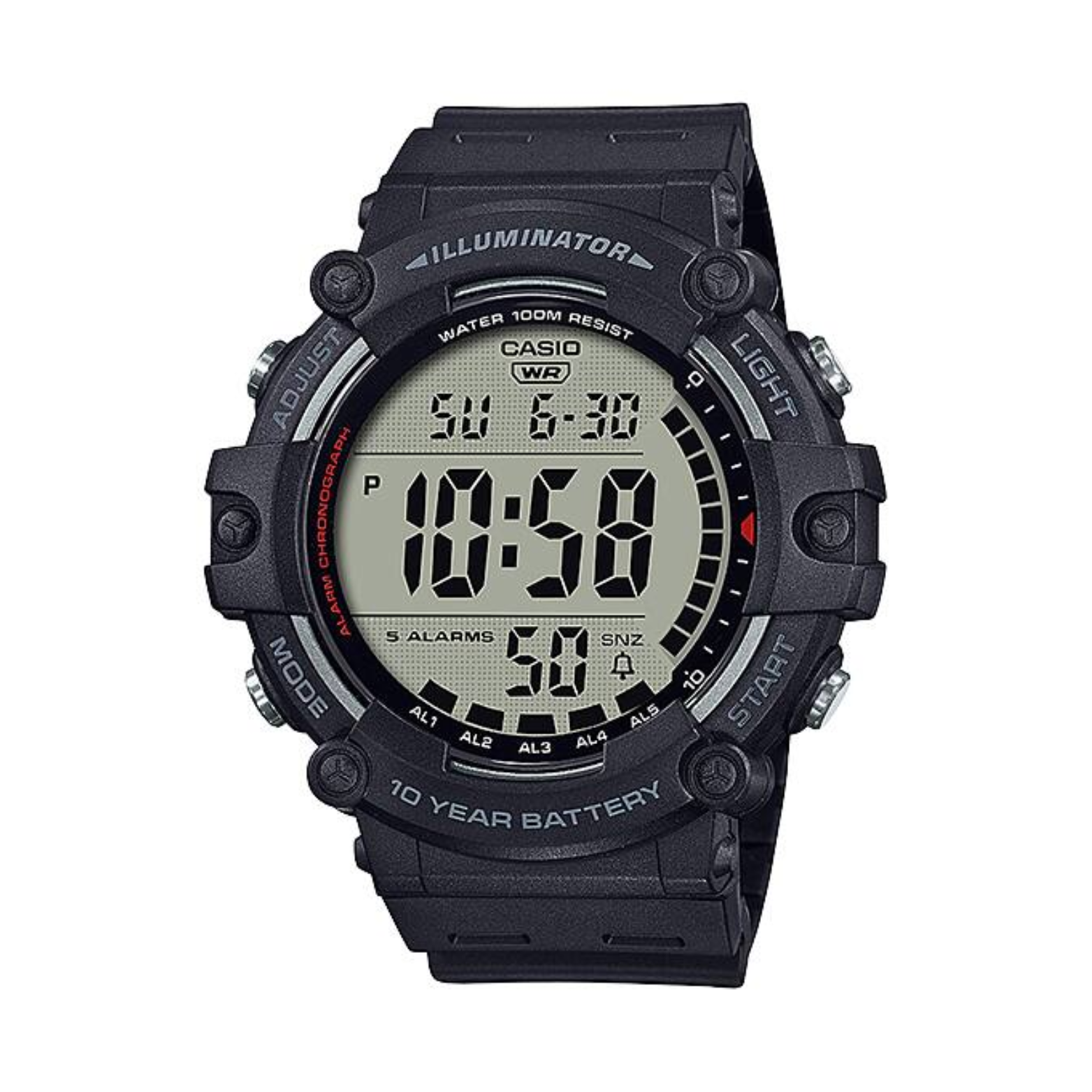 Black Casio digital watch on a white background