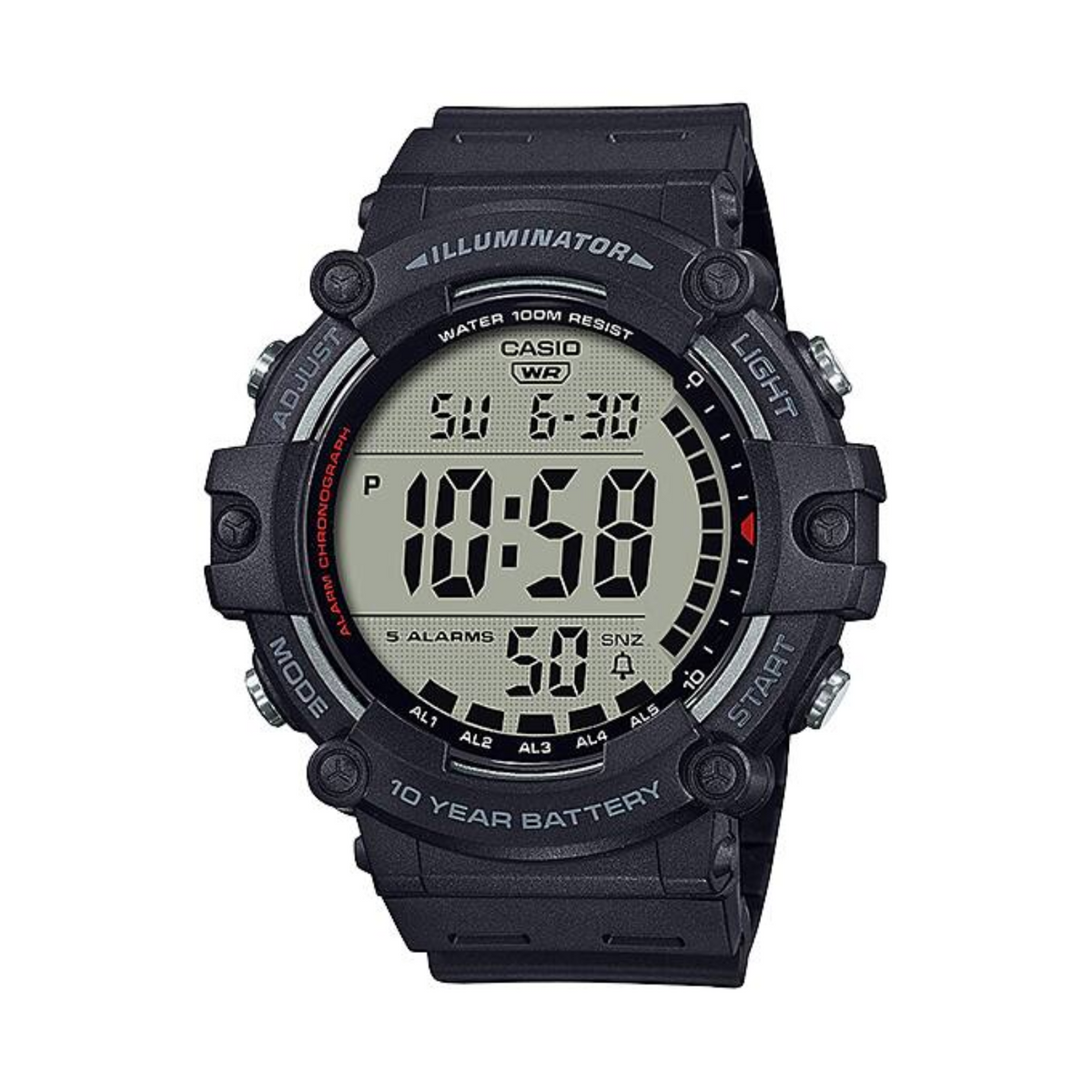 Black Casio digital watch on a white background