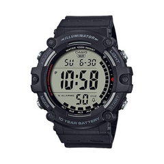 Black Casio digital watch on a white background