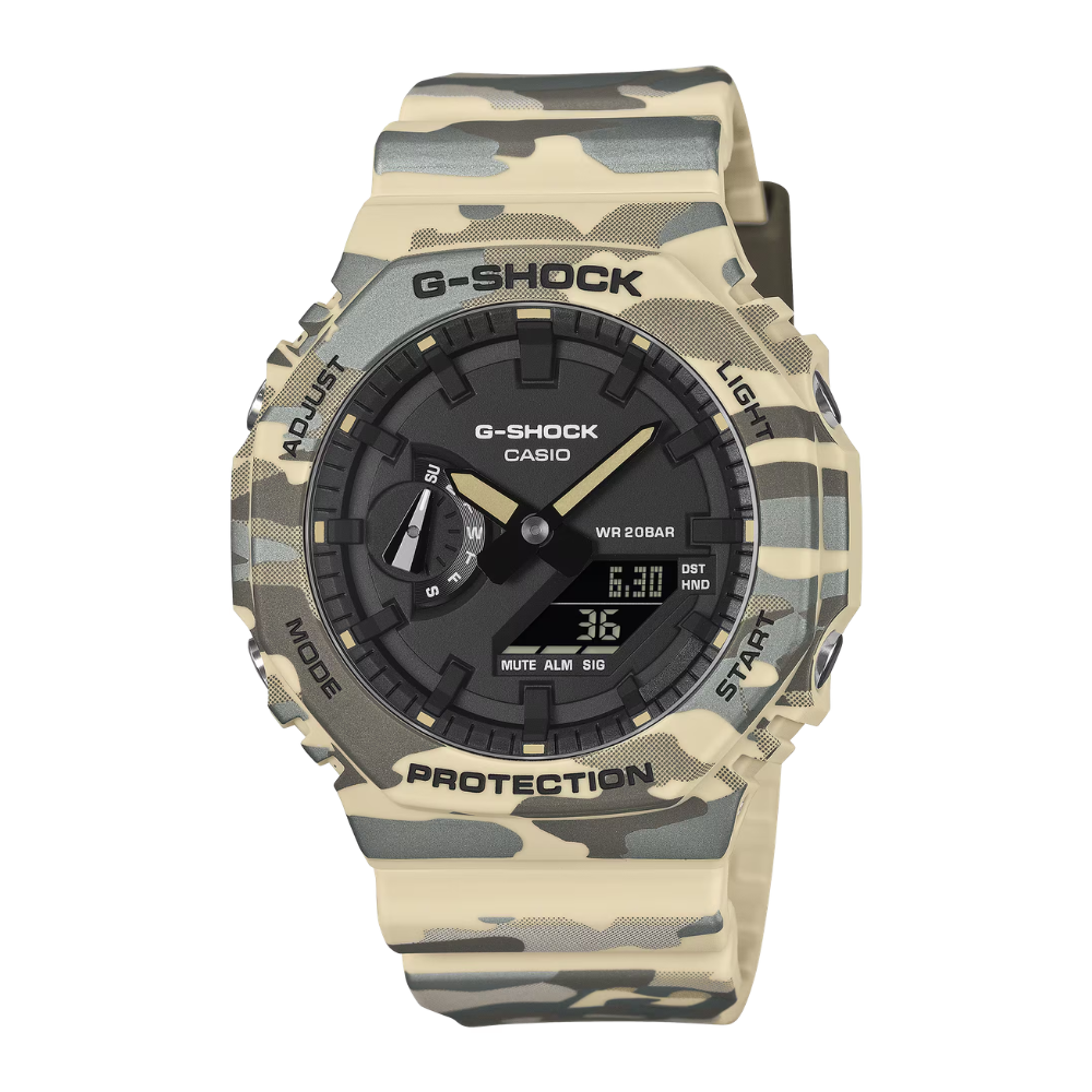 Camouflage G-Shock watch on a white background