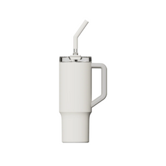 White mug with handle and straw on a white background