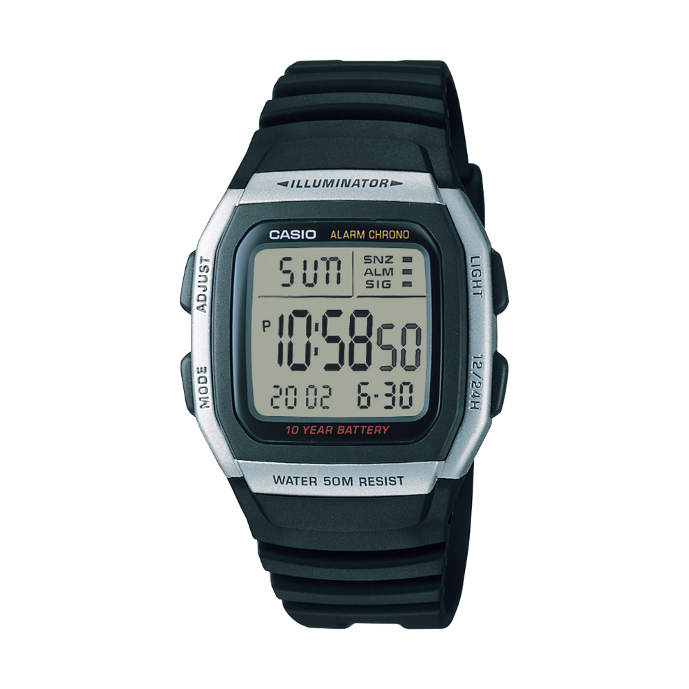 Digital watch with black strap on a white background