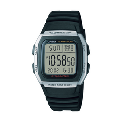 Digital watch with black strap on a white background