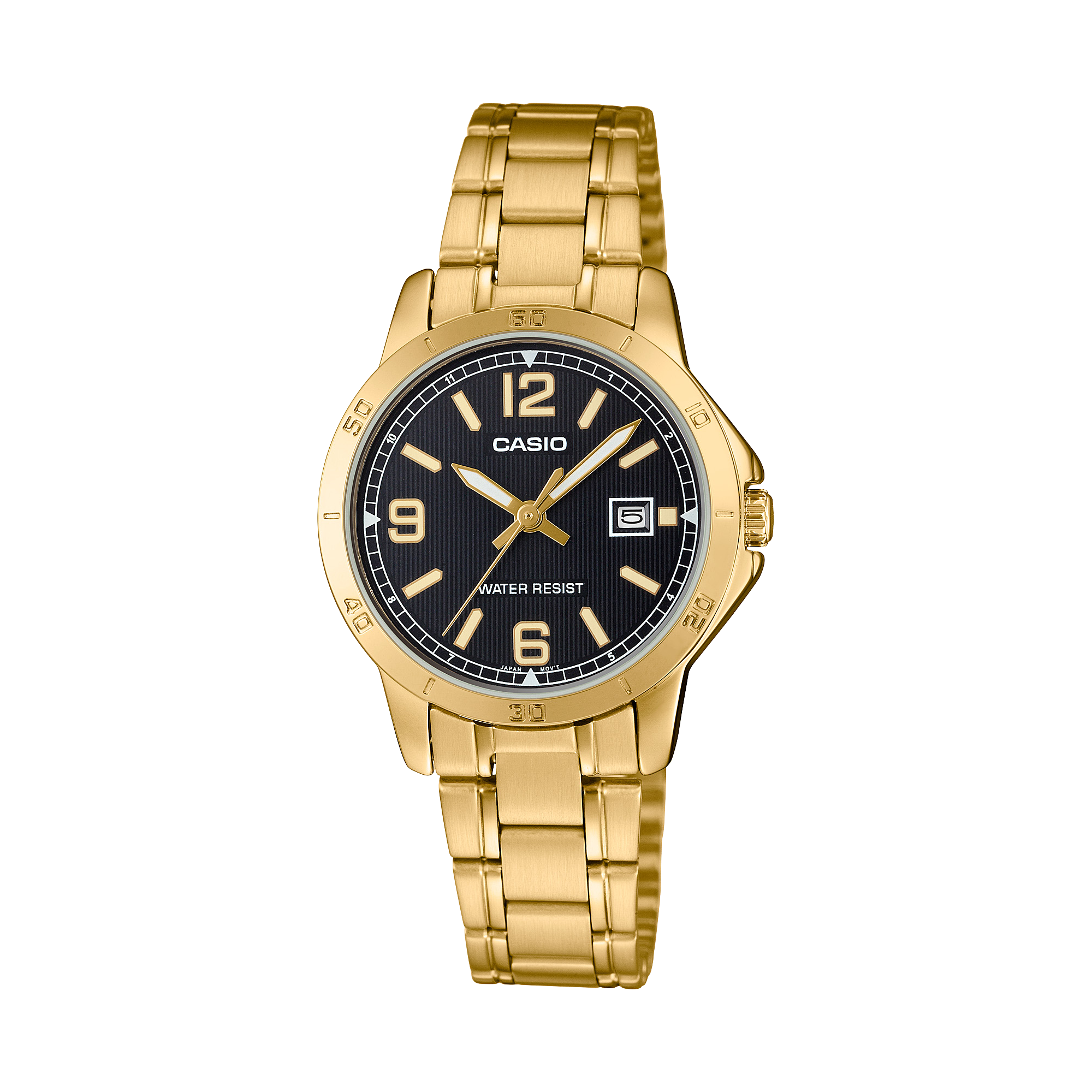 Gold Casio watch with black dial on a white background