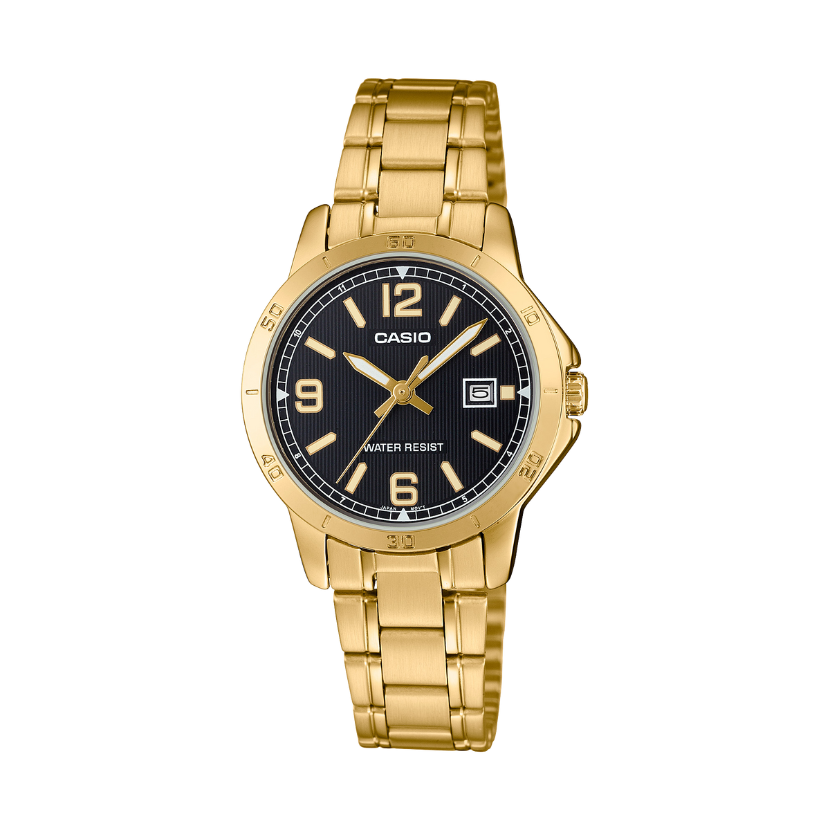 Gold Casio watch with black dial on a white background