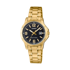 Gold Casio watch with black dial on a white background