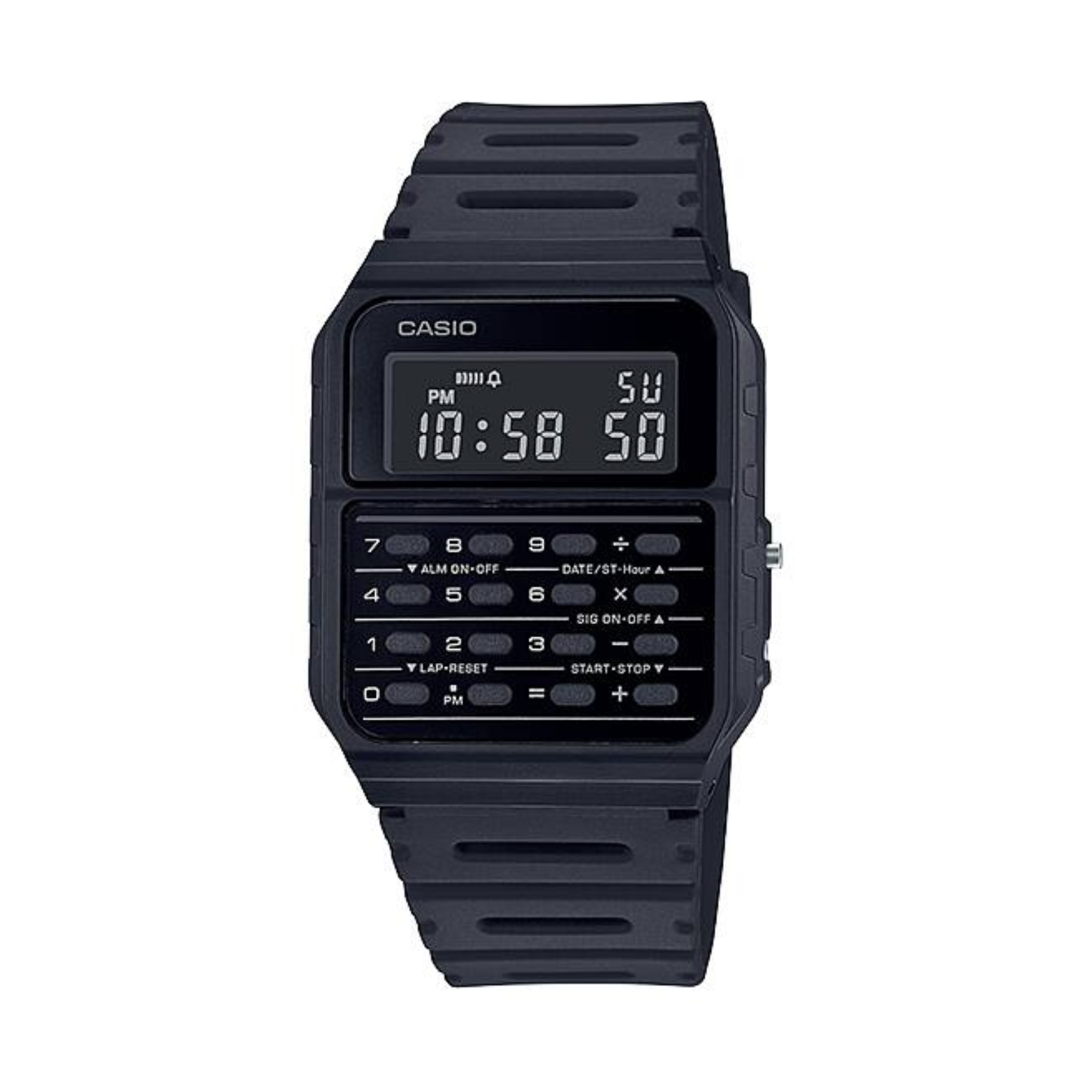 Black Casio digital watch on a white background