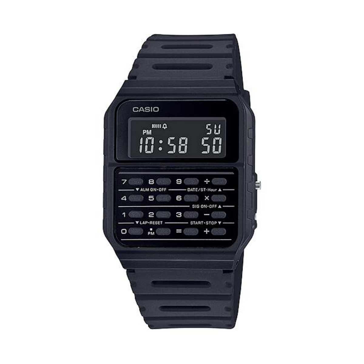 Black Casio digital watch on a white background
