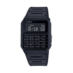 Black Casio digital watch on a white background