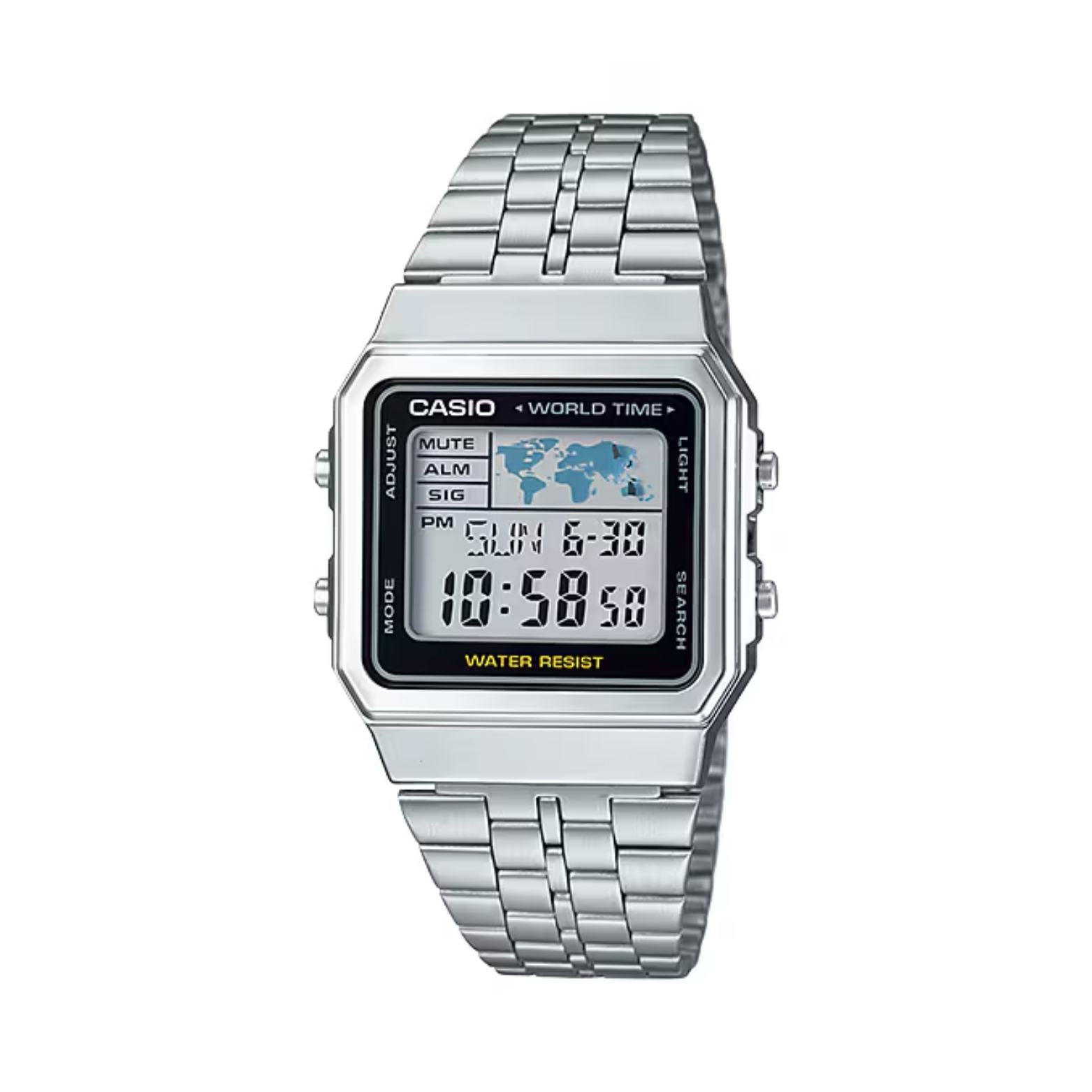Casio digital watch with silver metal strap on a white background