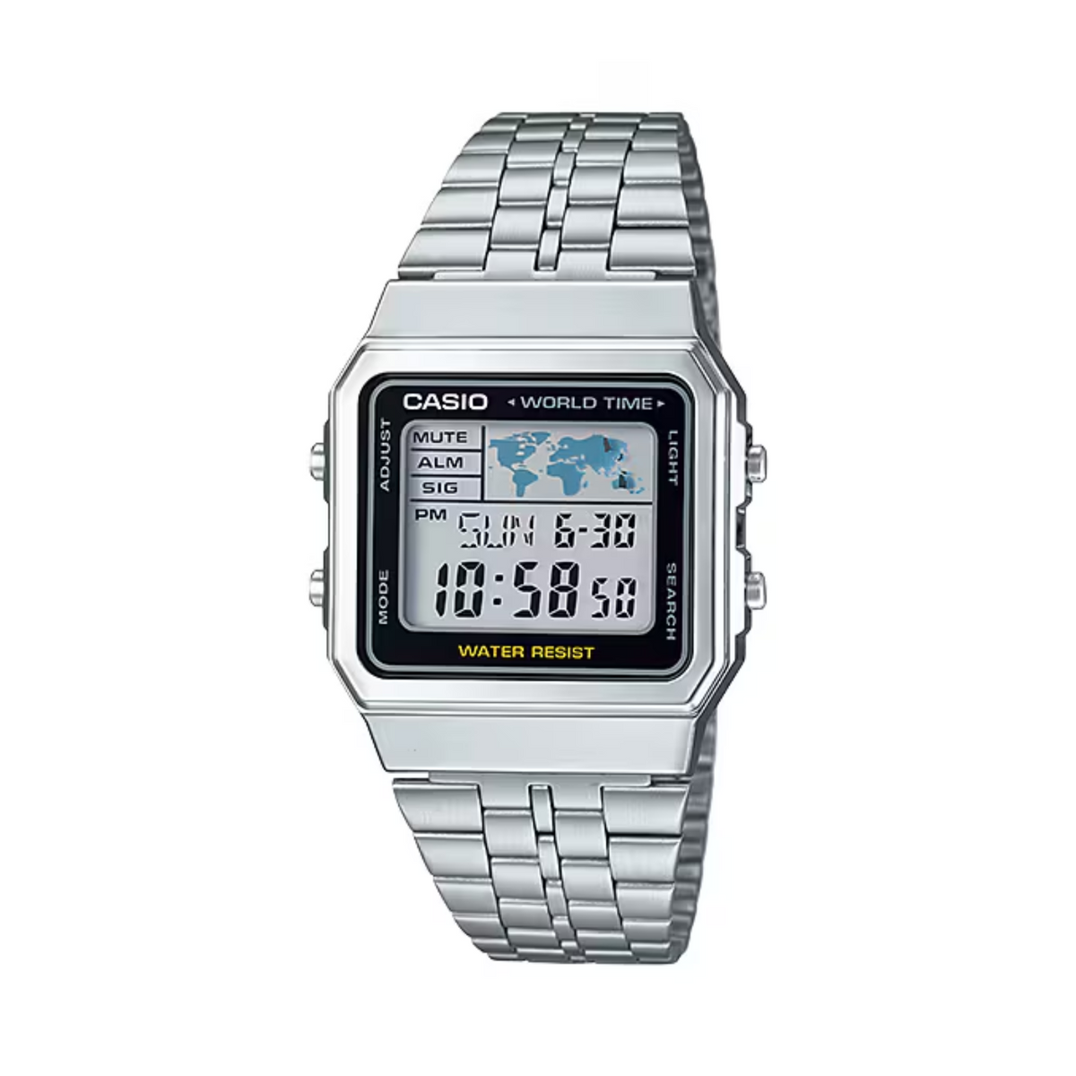 Casio digital watch with silver metal strap on a white background