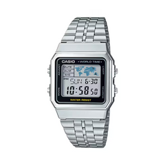 Casio digital watch with silver metal strap on a white background