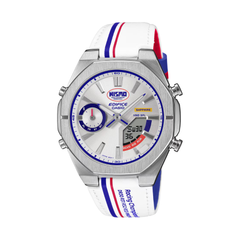 Casio Edifice watch with a white, red, and blue strap on a white background
