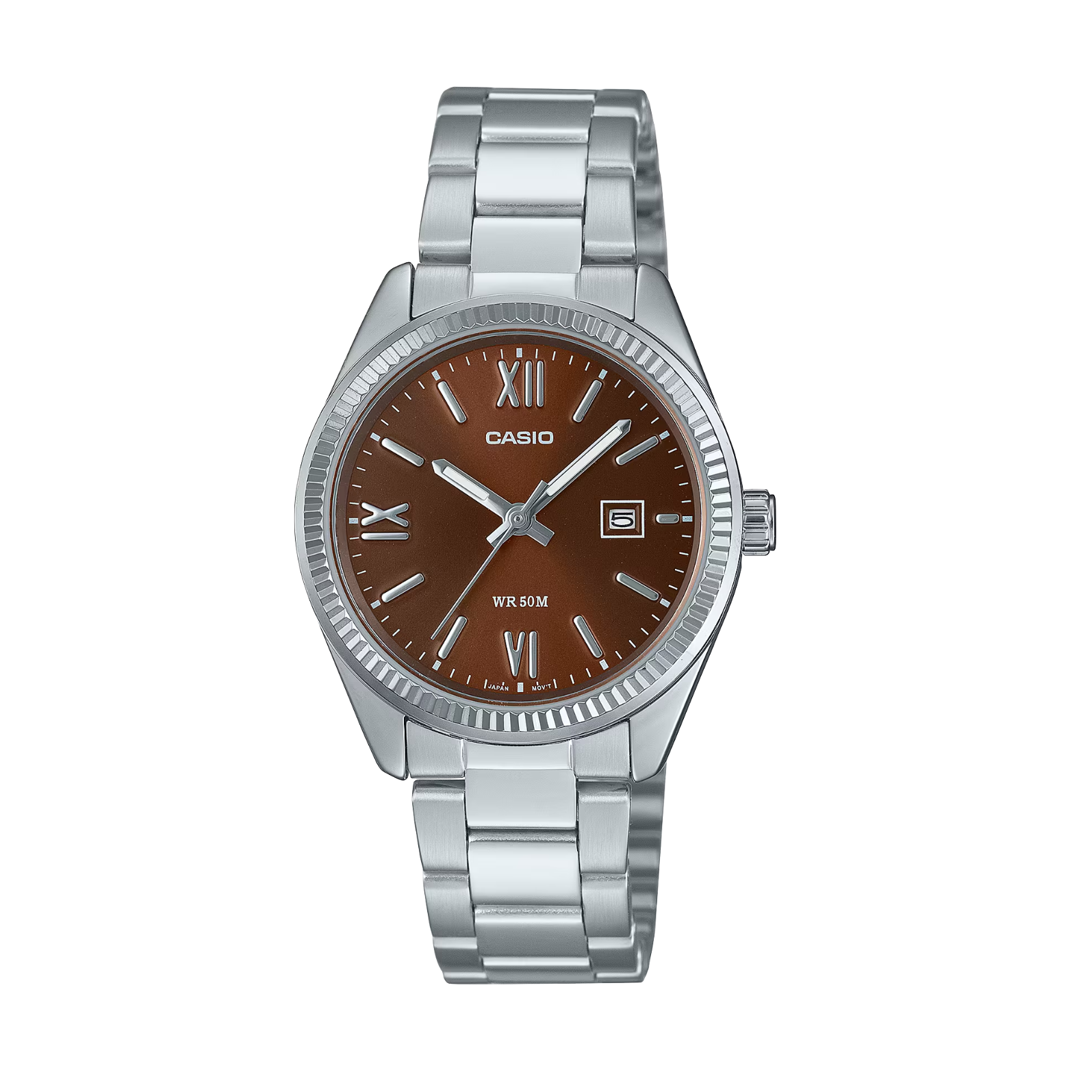 Casio watch with brown dial and silver metal strap on a white background