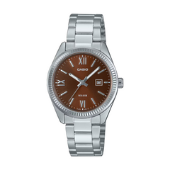 Casio watch with brown dial and silver metal strap on a white background