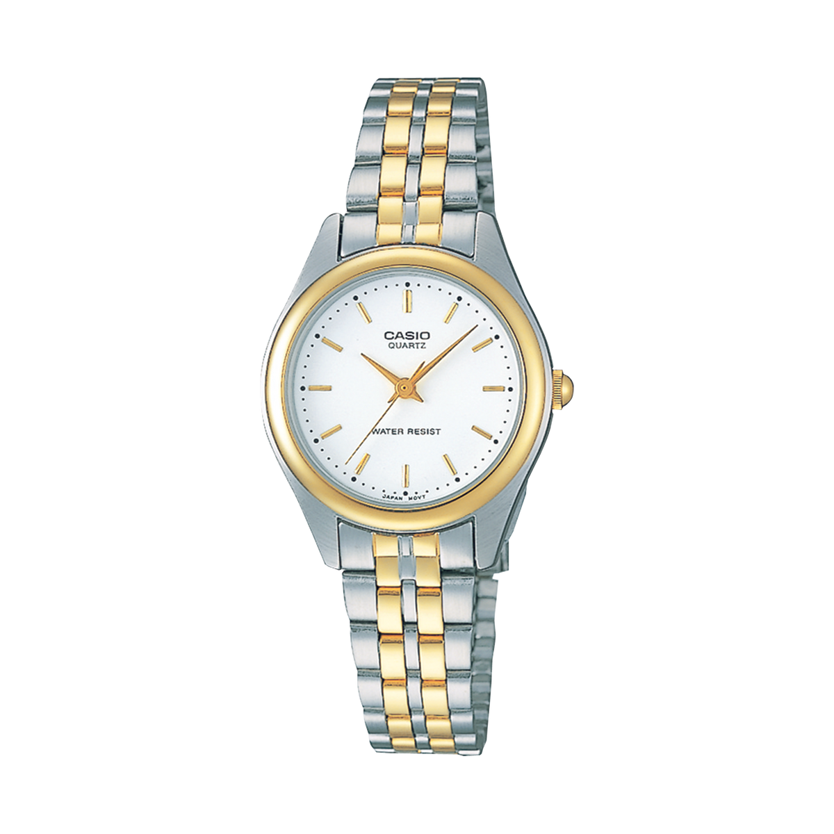 Two-tone Casio watch with silver and gold band on a white background