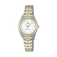 Two-tone Casio watch with silver and gold band on a white background