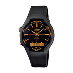 Black Casio watch with orange text on a white background