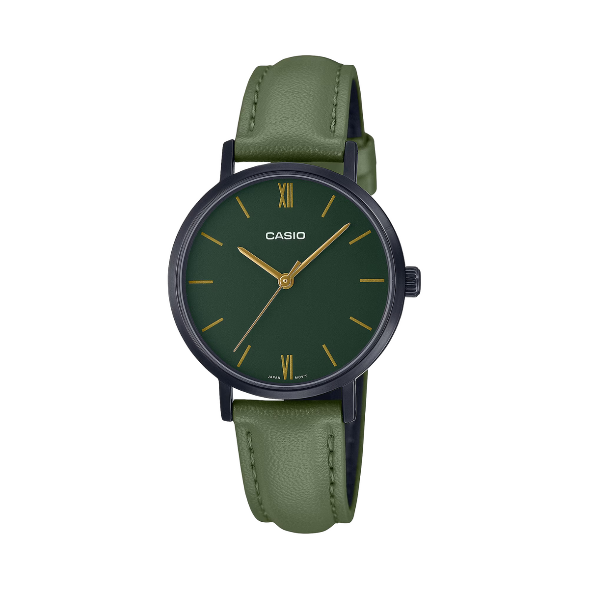 Casio watch with green strap and dark green dial on a white background