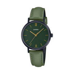 Casio watch with green strap and dark green dial on a white background