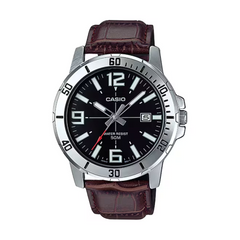 Casio watch with brown leather strap and black dial on a white background