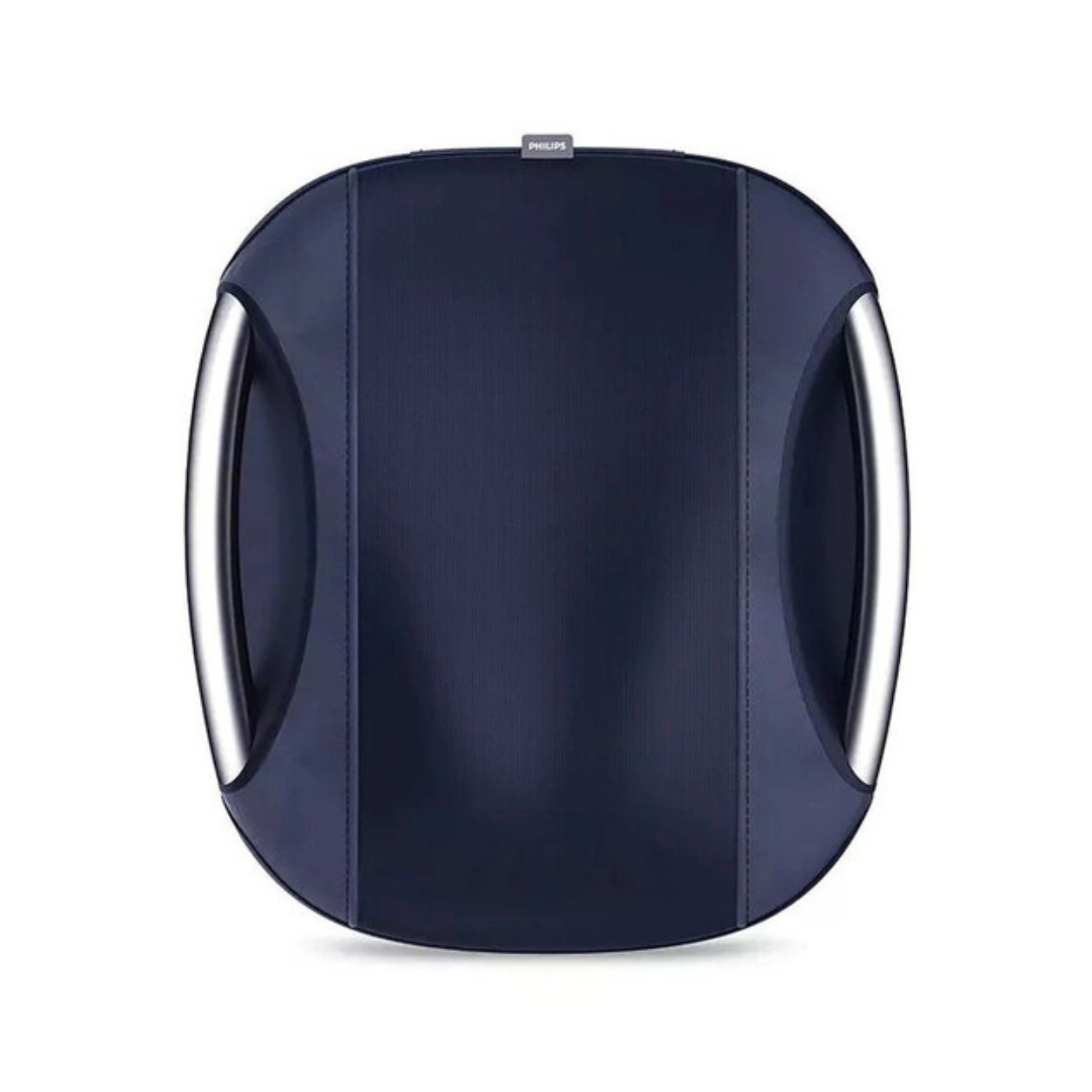 Blue cushion with silver handles on a white background