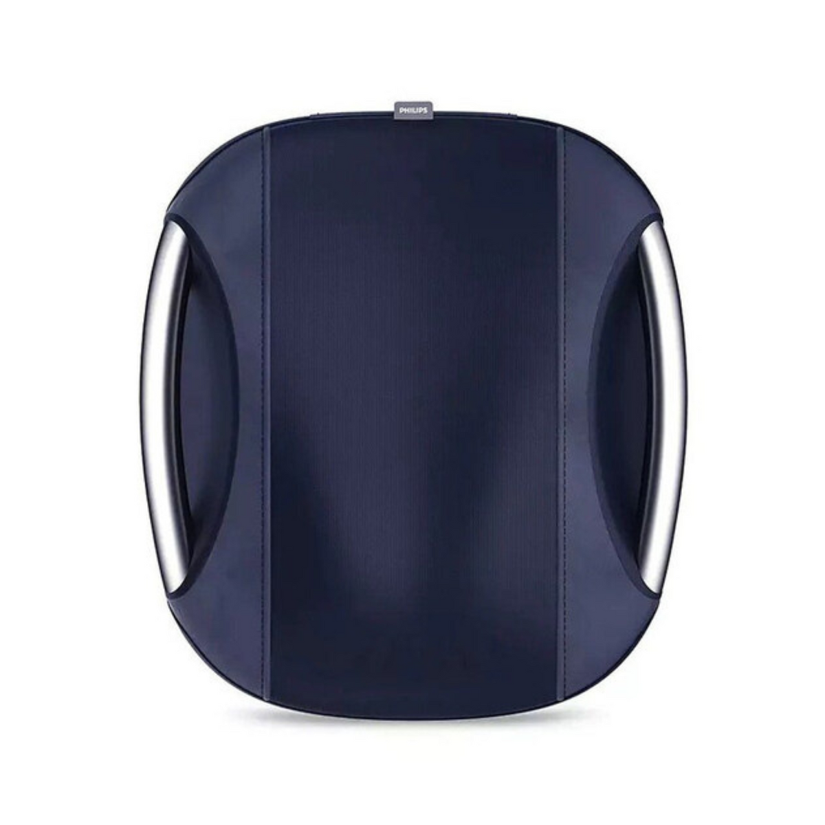 Blue cushion with silver handles on a white background