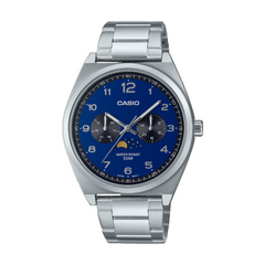 Casio watch with blue dial and silver metal band on a white background