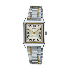 Casio watch with silver and gold band on a white background