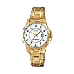 Gold Casio watch with a white face on a white background