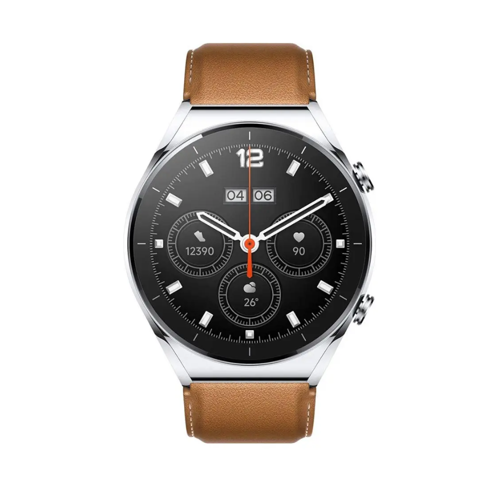 Smartwatch with a brown leather strap on a white background