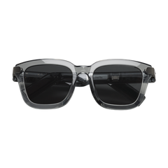 Sunglasses with transparent frame and dark lenses on a white background