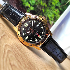 CASIO MTP-VD01GL-1EVUDF Standard Analog Men’s Watch – Black Dial, Gold Stainless Steel Case, Brown Leather Band, Date Display, Quartz Movement, 50M Water Resistance, Mineral Glass – Men’s Classic Business Watch