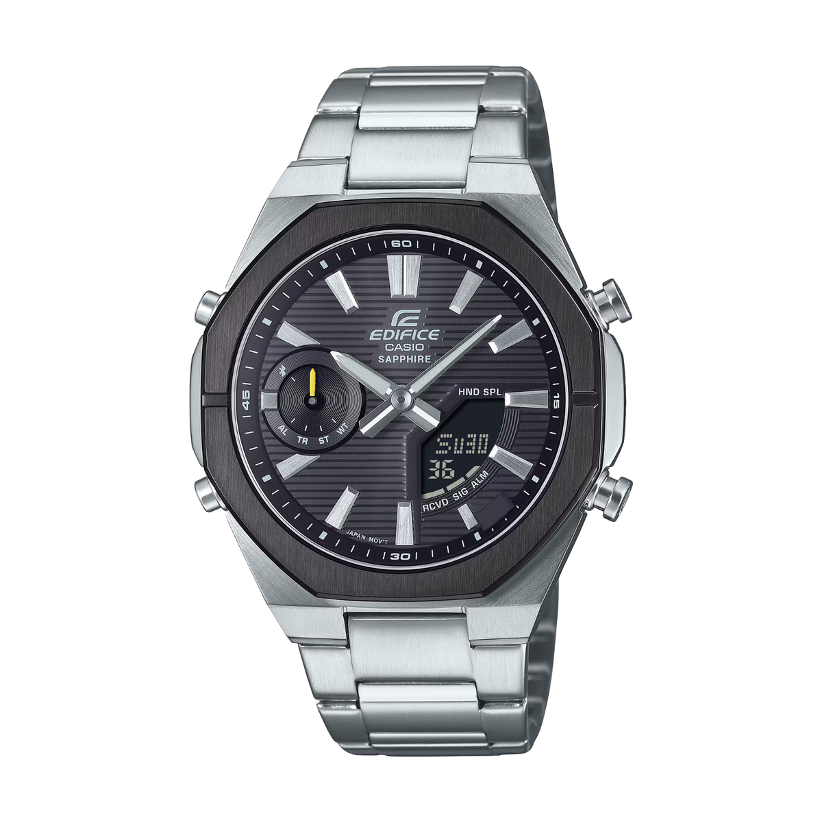 Silver Edifice watch with black dial on a white background