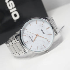 CASIO MTP-VT01DM-7AUDF Men’s Analog Watch – Silver Stainless Steel, White Dial, Ultra-Slim Quartz Design, Classic Dress Watch, Water Resistant