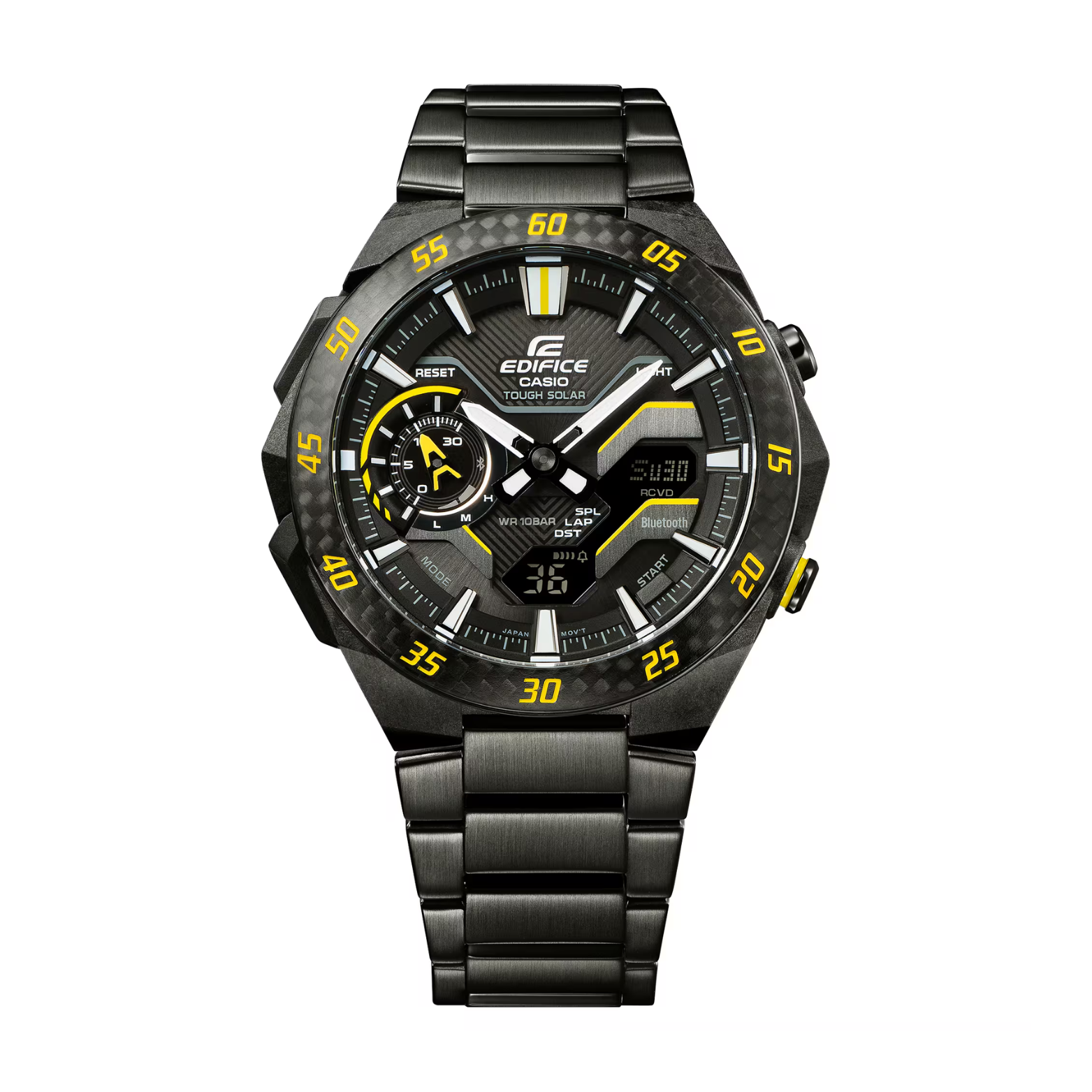 CASIO EDIFICE ECB-2200RC-1A9DF Solar Powered Bluetooth Chronograph Watch for Men with Carbon Bezel and Stainless Steel Band Black/Yellow