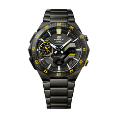 CASIO EDIFICE ECB-2200RC-1A9DF Solar Powered Bluetooth Chronograph Watch for Men with Carbon Bezel and Stainless Steel Band Black/Yellow