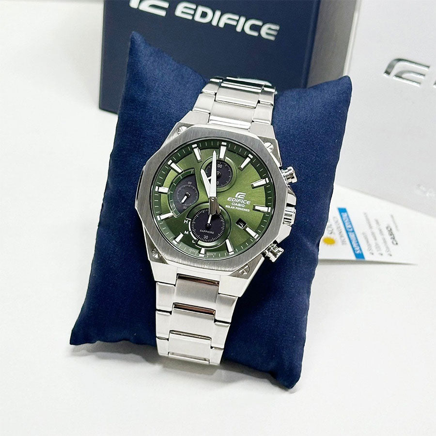 CASIO EDIFICE EFS-S570D-3AUDF Solar Powered Chronograph Watch for Men with Stainless Steel Band and Green Dial Silver