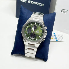 CASIO EDIFICE EFS-S570D-3AUDF Solar Powered Chronograph Watch for Men with Stainless Steel Band and Green Dial Silver