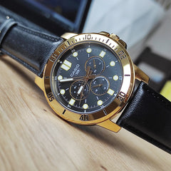 CASIO MTP-VD300GL-1EUDF Standard Analog Men’s Watch – Black Dial, Gold Stainless Steel Case, Brown Leather Band, Day & Date Display, Quartz Movement, 50M Water Resistance – Men’s Luxury Business Watch