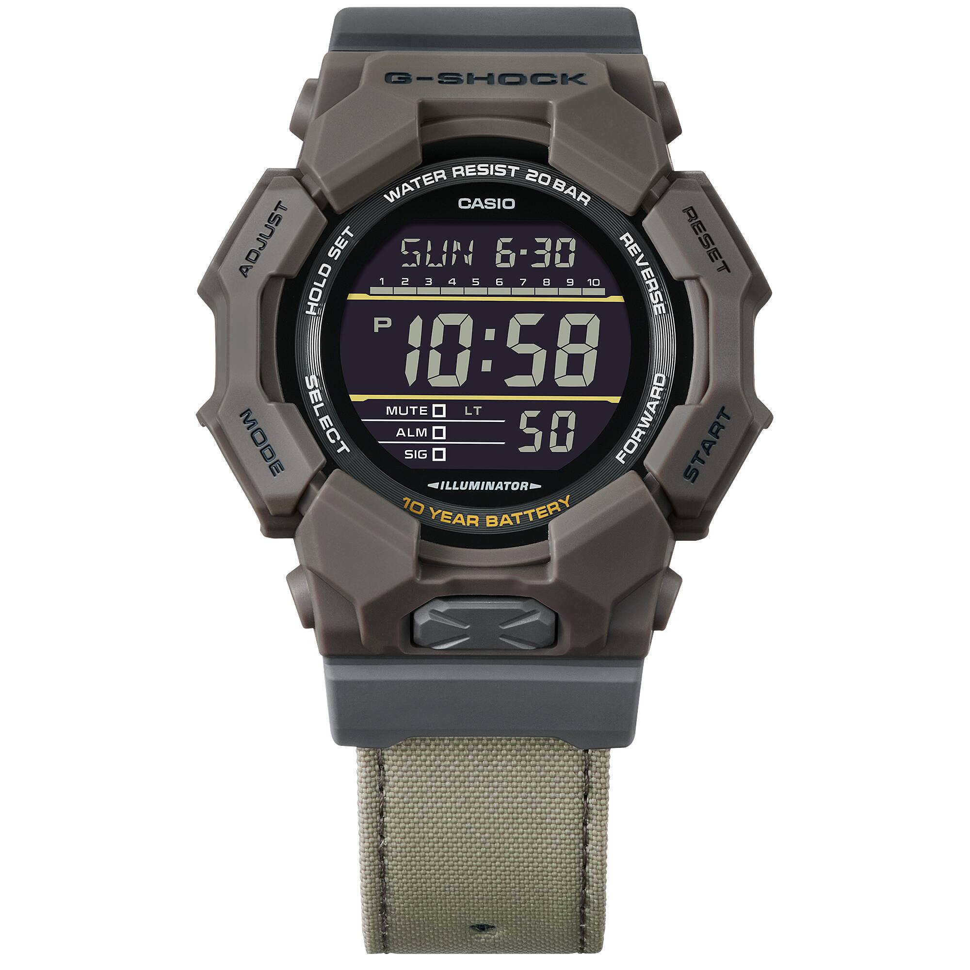Casio G-SHOCK Digital Men’s Watch, 10-Year Battery, Shock Resistant, 200m Water Resistant, Brown Cloth Band, GD-010CE-5DR