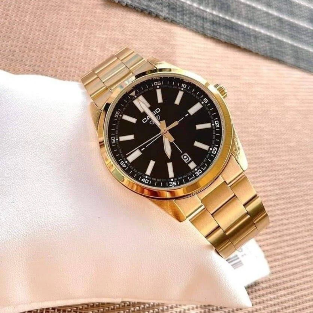 CASIO MTP-VD02G-1EUDF Standard Analog Men’s Watch – Black Dial, Gold Stainless Steel Case & Band, Date Display, Quartz Movement, 50M Water Resistance, Mineral Glass – Men’s Luxury Business Watch