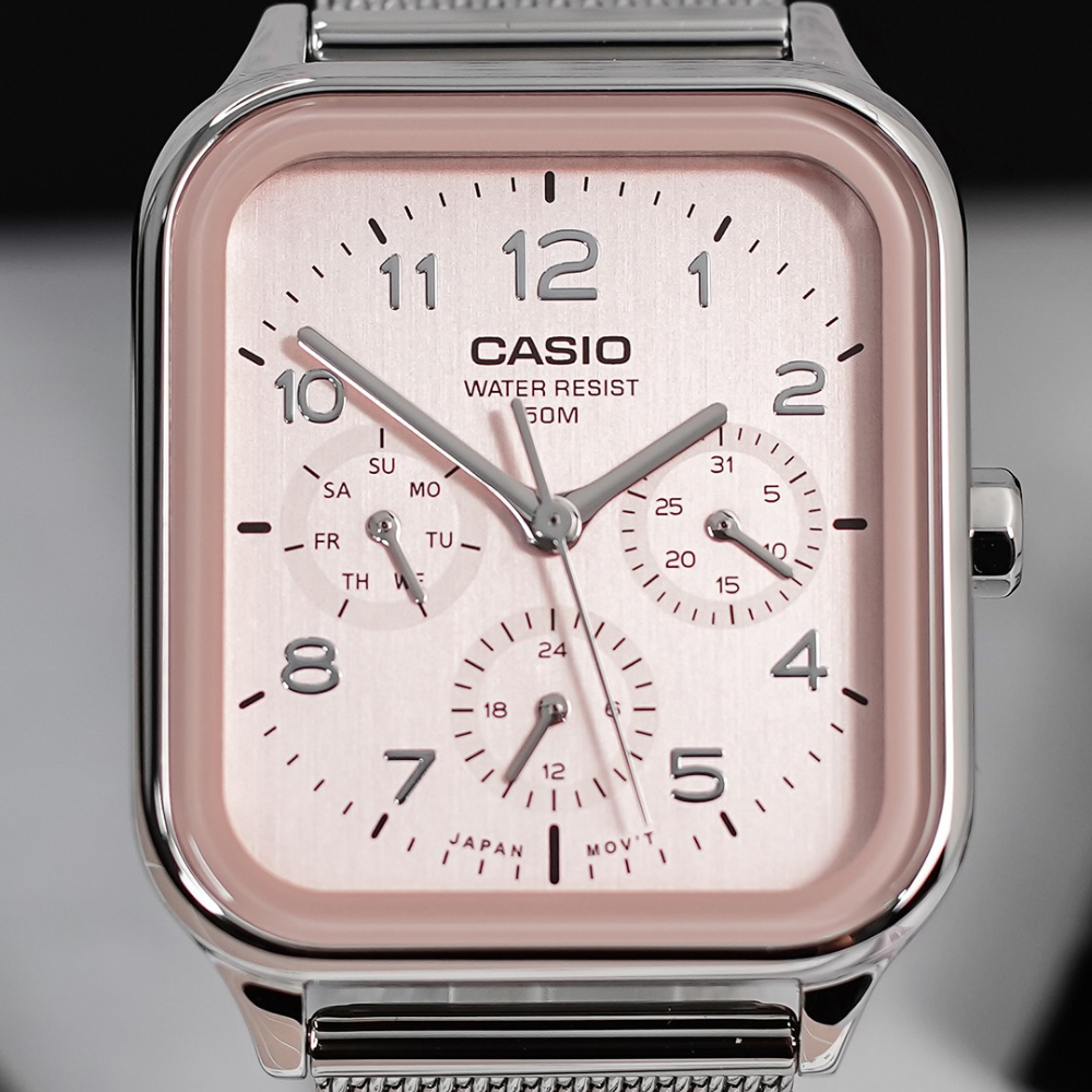 Casio MTP-M306M-4AVDF Men’s Analog Stainless Steel Mesh Watch – Pink Dial, Day-Date & 24-Hour Subdials, 50M Water Resistant